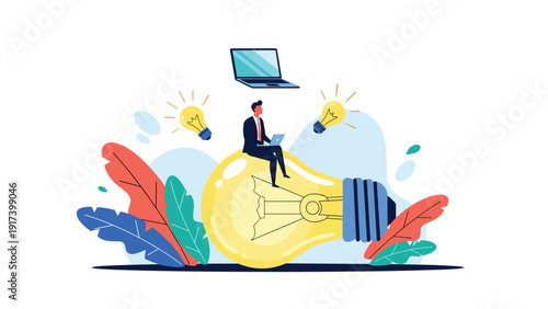 Innovative businessman sits on top of a giant glowing lightbulb with his laptop to symbolize creative thinking and the birth of new ideas.