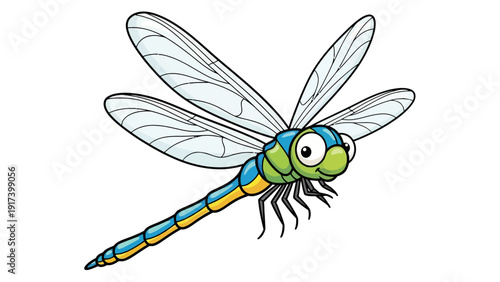 Cartoon drawing of a blue green and yellow dragonfly in flight