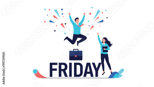 Joyful business professionals jump high in the air above a large Friday text to celebrate the end of the work week and successful achievements.