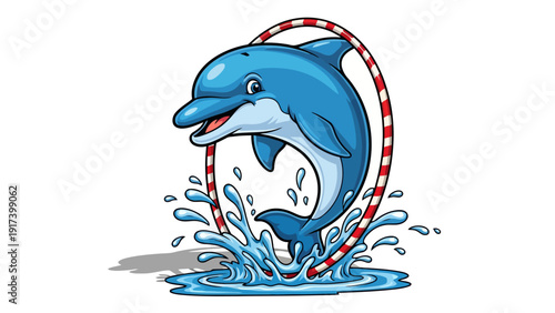 Cartoon dolphin jumping through a red and white striped hoop splashing water