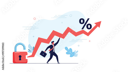 Visionary businessman unlocks a red padlock that is part of a rising growth chart arrow to represent financial freedom and hidden potential.