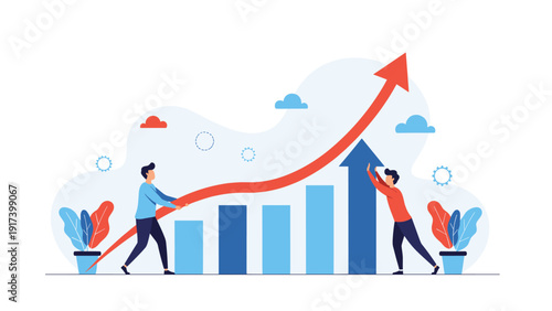 Team of dedicated business people works together to push a large red upward arrow along a bar chart to symbolize company growth and success.