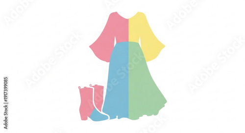Colorful clothing and boots illustration pastel pink blue yellow and green outfit fashion accessories minimalist style modern design elements