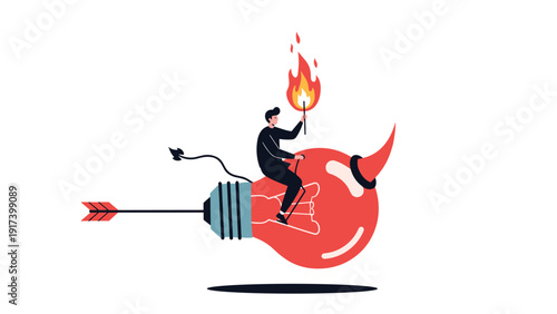 Creative businessman rides a large red lightbulb shaped like a rocket into the sky to symbolize the fast launch of a bright and innovative idea.