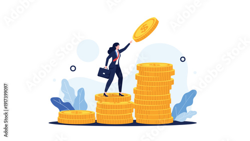 Successful businesswoman in a suit reaches for a falling gold coin while standing on stacks of money to represent financial gain and wealth.