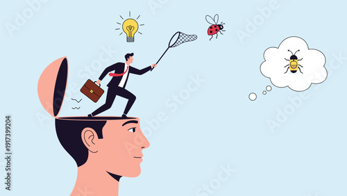Conceptual illustration of a businessman coming out of a human head and catching a ladybug to symbolize psychological research and ideas.