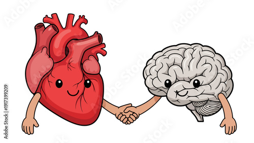 Cartoon heart and brain shaking hands against a white background