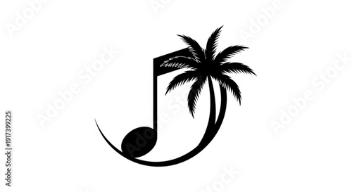 Black silhouette of a musical eighth note with a palm tree on a white background symbolizing music and tropical vacation relaxation