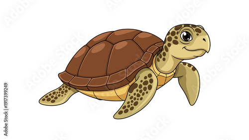 Cartoon illustration of a friendlylooking sea turtle swimming on a white background