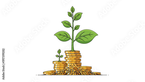 Cartoon illustration of a growing green plant emerging from stacks of gold coins