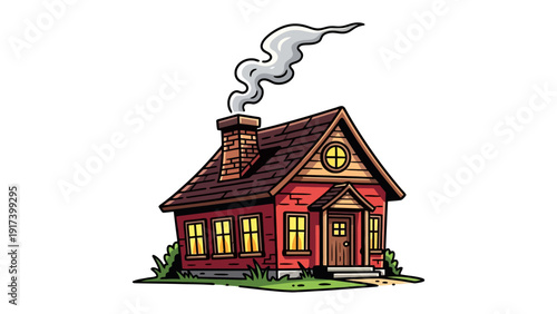 Cartoon illustration of a red house with a smoking brick chimney glowing windows and green grass