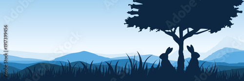 Minimalist vector illustration of rabbit family with fresh blue gradient