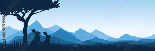 Atmospheric blue horizon with hopping hares and copy space for header