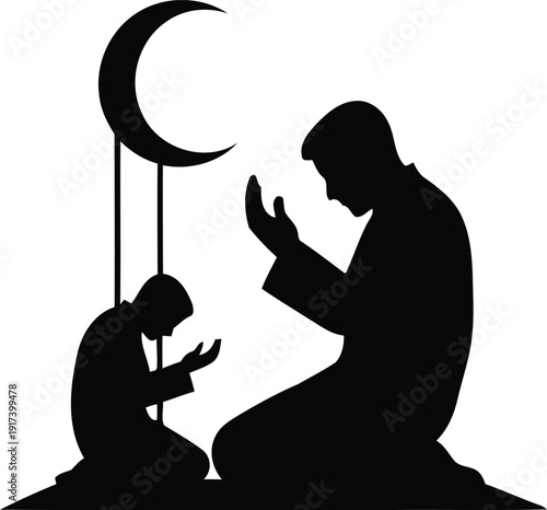 Man and child praying together under a crescent moon silhouette.
