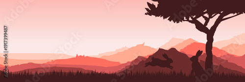 Atmospheric evening horizon with hopping hares and copy space for header