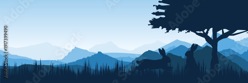 Wide screen spring banner featuring bunnies in cool azure nature scene