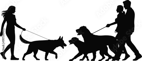 Black vector silhouette set of people walking their dogs on leashes for pet care services domestic lifestyle animal companionship and outdoor veterinary branding design