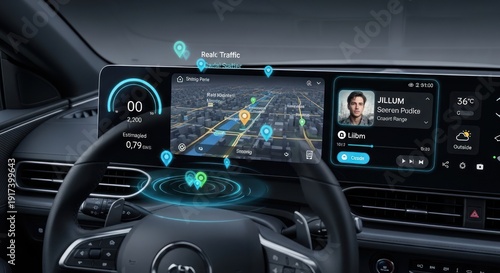 Modern car dashboard with digital screens displaying navigation and data
