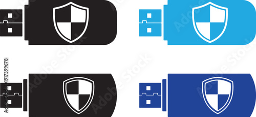 Data security usb flash drive icons featuring shield symbols for computer storage protection encryption technology memory sticks electronic equipment safe hardware