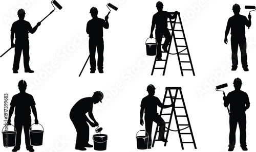 Black vector silhouette set of professional house painters using rollers climbing ladders and carrying paint buckets for home renovation construction and maintenance branding