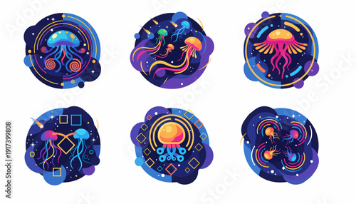 Abstract Jellyfish Collection: Cosmic Ocean, Neon Bioluminescence, Underwater Art
