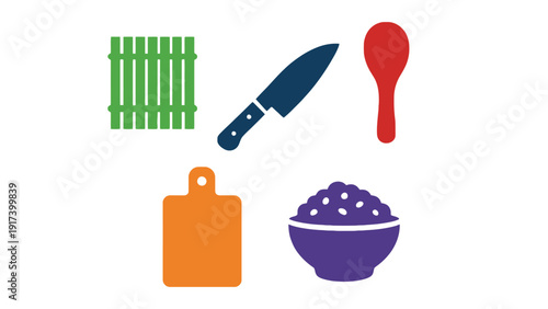 Colorful kitchen tools and ingredients for preparing a delicious meal