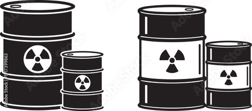 Group of black silhouette radioactive waste barrels various sizes with warning symbol on front for hazardous material storage and disposal isolated on transparent background vector illustration