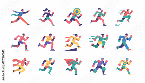 Diverse People Running Flat Design Icons Set