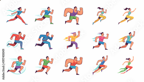 Diverse group of sprinters running, winning, and racing in cartoon style.