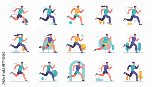 Diverse Runners Collection: Men, Women, Action, Fitness, Flat Vector Art