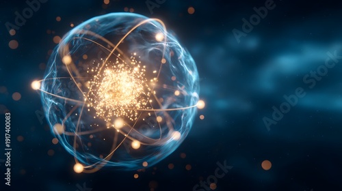 Atomic Energy Visualization: A captivating depiction of an atom, featuring a vibrant core of energy, its electrons in dynamic orbit, set against a dark, cosmic expanse.