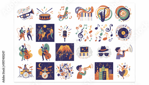 Jazz Music Icons and Illustrations: Instruments, Musicians, Notes, and Cityscape