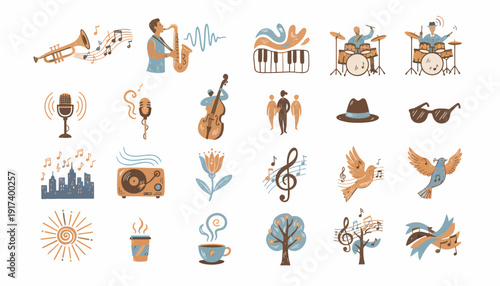 Jazz Music Icons Collection: Saxophone, Trumpet, Drums, Piano, Microphone, Birds