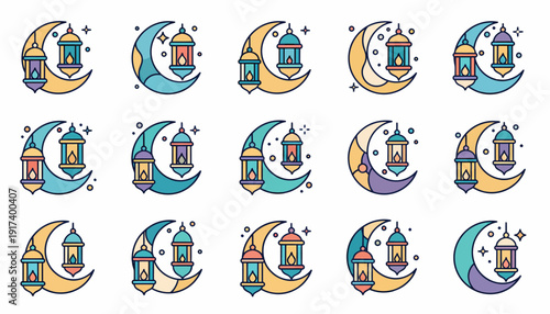 Ramadan Lanterns and Crescent Moon Icons Set