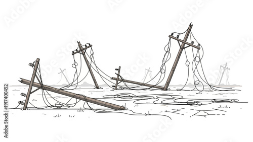 Downed utility poles and tangled wires in a desolate sparsely vegetated field