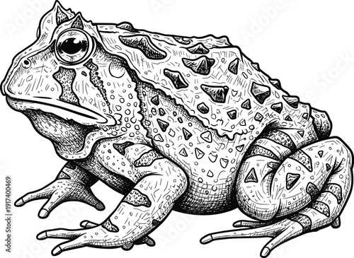 Hand drawn vintage engraving of a textured horned frog with detailed skin patterns and spots for nature biological research wildlife education and scientific branding