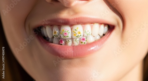Smiling mouth with teeth painted with colorful floral designs