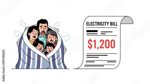 Family huddled under a blanket next to a large electricity bill for 1200