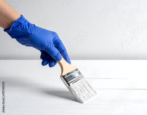 Hand in a blue glove holding a paint brush, ready for painting
