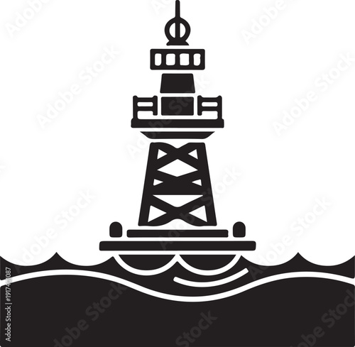 Offshore oil rig platform silhouette on ocean waves representing industrial energy production and petroleum extraction or deep sea drilling station for fuel resources