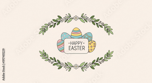 Easter eggs in floral wreath with happy easter text on beige background festive holiday decoration