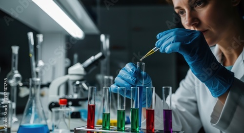 Scientist adds liquid to test tube in a modern laboratory