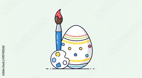 Colorful easter egg with paintbrush and palette on light background symbolizing creativity and holiday decoration