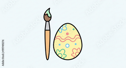Colorful easter egg with paintbrush decorated with floral patterns and swirls on a light background