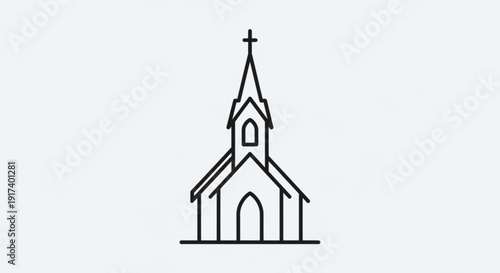 Simple line drawing of a church with steeple and cross on white background