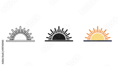 Three sun icons in different colors and styles. Vector
