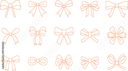 A collection of twelve unique bow designs in a minimalist line art style