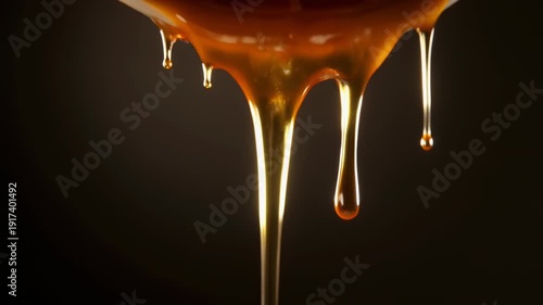 Golden Caramel Sauce Dripping from Spoon Against Dark Background