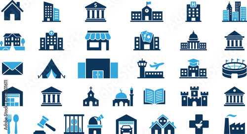Building icons, infrastructure visuals, public facilities, institutions, urban planning, architecture, hospital, school, bank, church, mosque, jail, airport, factory, warehouse, courthouse