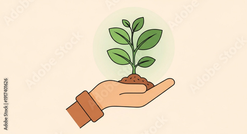 Hand holding small green plant with soil symbolizing growth and nurturing in a natural setting